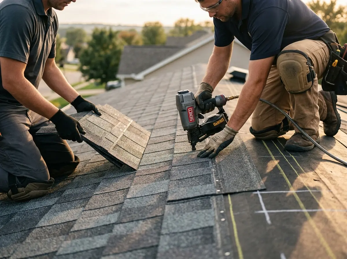 Professional roofer working on a residential roof in Fort Hood